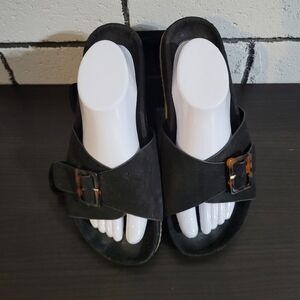 LOFT Black Slide Sandals Tortise Shell Buckle Sz 10.5
